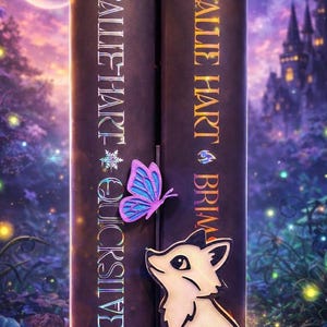 May include: Two hardcover books with the titles "Quicksilver" and "Brimstone" by Callie Hart. A butterfly and a fox-like creature are placed between the books. The background features a fantasy landscape with a castle, moon, and glowing lights.