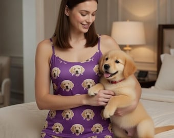 Custom pet face cami shorts set personalized dog photo sleepwear womens clothing pet portrait customized gifts for her pet lover gift
