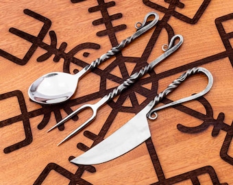 Wikinger Besteck 3er Set Handgeschmiedet Doppelt Drehgriff Hochglanzpoliert Food-Grade Edelstahl Mittelalter Essbesteck Geschenk für Ihn