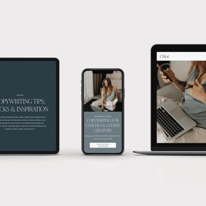May include: A website screenshot showing a blue and white website with the text "Copywriting Tips, Tricks & Inspiration" on a laptop screen, a smartphone screen with the text "Copywriting for Coaches & Course Creators", and a laptop screen with a woman sitting on a couch.