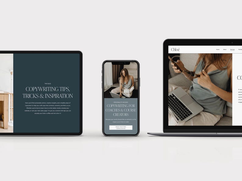 May include: A website screenshot showing a blue and white website with the text "Copywriting Tips, Tricks & Inspiration" on a laptop screen, a smartphone screen with the text "Copywriting for Coaches & Course Creators", and a laptop screen with a woman sitting on a couch.