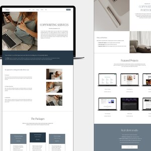 May include: A website homepage for a copywriting service. The website features a photo of a person working on a laptop, a list of copywriting services, and a section on featured projects. The website also includes a call to action to learn more about the copywriting services.