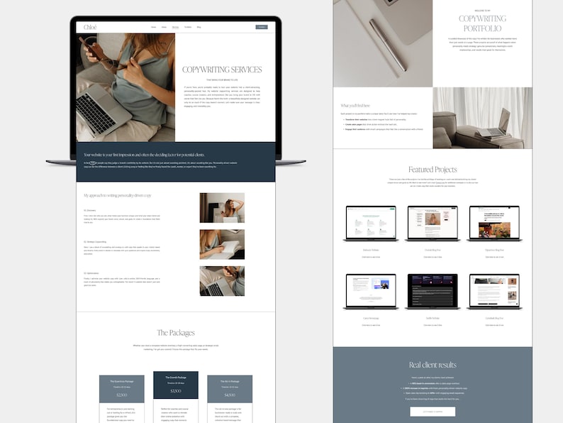 May include: A website homepage for a copywriting service. The website features a photo of a person working on a laptop, a list of copywriting services, and a section on featured projects. The website also includes a call to action to learn more about the copywriting services.