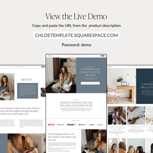 May include: Website screenshot showing a website template for coaches and course creators. The website features a light blue and white color scheme with a minimalist design. The website includes sections for "About Me", "Copywriting for Coaches & Course Creators", and "Copywriting Tips, Tricks & Inspiration".