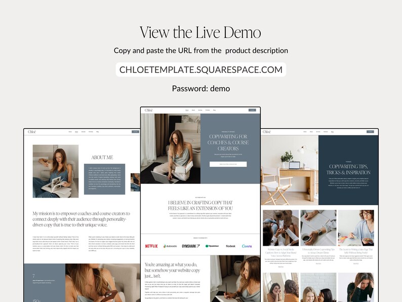 May include: Website screenshot showing a website template for coaches and course creators. The website features a light blue and white color scheme with a minimalist design. The website includes sections for "About Me", "Copywriting for Coaches & Course Creators", and "Copywriting Tips, Tricks & Inspiration".