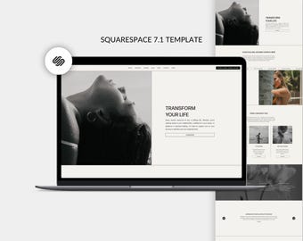 Pode incluir: Um computador portátil que exibe um site com uma foto em preto e branco da cabeça de uma pessoa e o texto "Transform Your Life". O site é um modelo Squarespace 7.1.