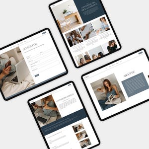 May include: Four screenshots of a website on a tablet device. The website is for a copywriting service. The first screenshot shows a contact form. The second screenshot shows a section about copywriting services. The third screenshot shows a section about the copywriter. The fourth screenshot shows a section about the copywriter's services.