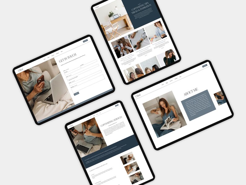 May include: Four screenshots of a website on a tablet device. The website is for a copywriting service. The first screenshot shows a contact form. The second screenshot shows a section about copywriting services. The third screenshot shows a section about the copywriter. The fourth screenshot shows a section about the copywriter's services.