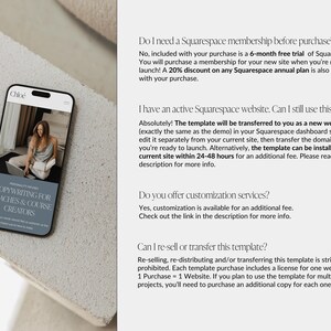 May include: A screenshot of a website with text that reads "Do I need a Squarespace membership before purchase?" and "Absolutely! The template will be transferred to you as a new website (exactly the same as the demo) in your Squarespace dashboard so you can edit it separately from your current site, then transfer the domain when you're ready to launch. Alternatively, the template can be installed to your current site within 24-48 hours for an additional fee. Please read the description for more info."