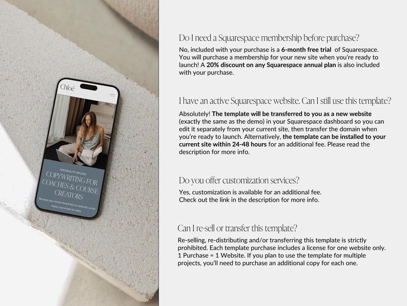 May include: A screenshot of a website with text that reads "Do I need a Squarespace membership before purchase?" and "Absolutely! The template will be transferred to you as a new website (exactly the same as the demo) in your Squarespace dashboard so you can edit it separately from your current site, then transfer the domain when you're ready to launch. Alternatively, the template can be installed to your current site within 24-48 hours for an additional fee. Please read the description for more info."
