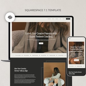 Könnte beinhalten: Ein Laptop und ein Smartphone zeigen eine Squarespace 7.1-Vorlage mit dem Text "Unlock Your Creative Potential with Expert Business Coaching". Das Design hat eine neutrale Farbpalette und eine moderne Ästhetik.