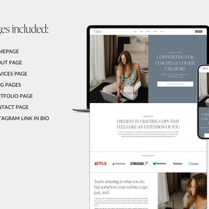 May include: A website mockup showing a woman working on a laptop. The website is for a copywriting service for coaches and course creators. The text on the website says "I believe in crafting copy that feels like an extension of you."