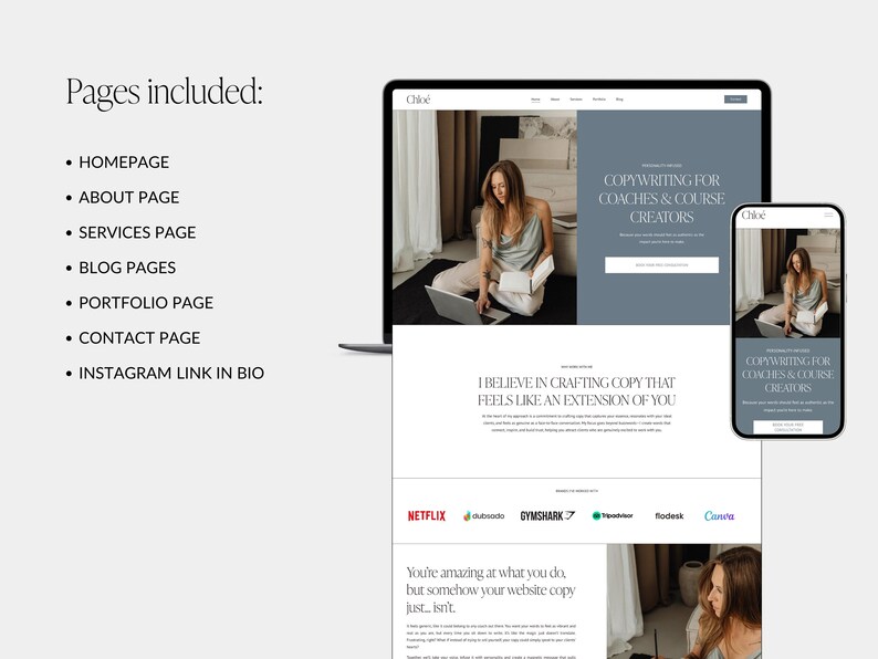May include: A website mockup showing a woman working on a laptop. The website is for a copywriting service for coaches and course creators. The text on the website says "I believe in crafting copy that feels like an extension of you."