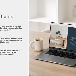 May include: A laptop computer with a white ceramic mug on a wooden table. The laptop screen displays a website with the text "COPYWRITING TIPS, TRICKS & INSPIRATION".