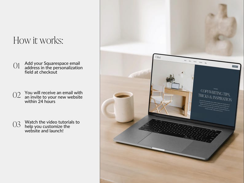 May include: A laptop computer with a white ceramic mug on a wooden table. The laptop screen displays a website with the text "COPYWRITING TIPS, TRICKS & INSPIRATION".