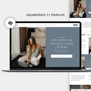 May include: A laptop screen displaying a website with the text "COPYWRITING FOR COACHES & COURSE CREATORS". The website is designed in a minimalist style with a light blue background and white text. The website also features a photo of a woman sitting on the floor with a book in her lap.