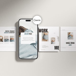 May include: A smartphone mockup displaying a digital product success strategy guide with a golden rule section. The guide is laid out on a white surface with other documents that say "Work with Me" and "Social Media Guide".