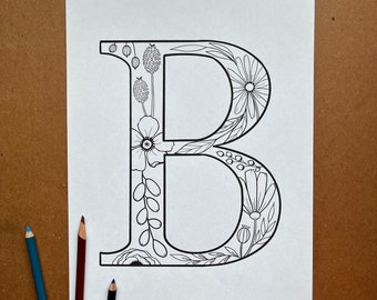 Monogram Coloring Sheet, Letter M with Vintage Florals Coloring Page, Print Your Own