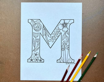 Hoja para colorear para adultos, letra monograma M con página para colorear de flores vintage, imprima su propio nombre
