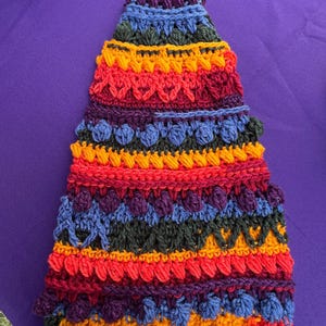 May include: A colorful, handmade crochet hat with a pointed top. The hat features bands of red, orange, yellow, green, blue, and purple. The hat is made with a variety of textured stitches, creating a unique and eye-catching design.