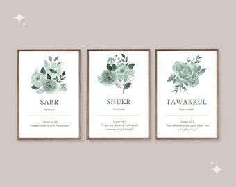 Islamische Wandkunst Digitaler Download, 3er-Set Muslimische Poster & Drucke, Islamische Geschenke, Blumen druckbare Kunstwerk Sabr Shukr Tawakkul Blumen