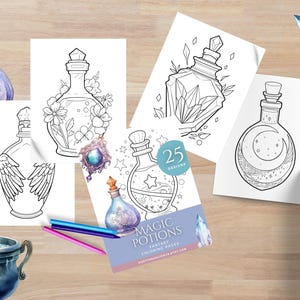 May include: A set of 25 printable coloring pages featuring whimsical illustrations of potion bottles with various designs. The pages are perfect for adults and children who enjoy fantasy and magical themes.