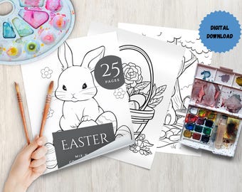 May include: A set of 25 printable Easter coloring pages featuring a bunny holding an egg, a basket of eggs, and a flower. The pages are black and white and ready to be colored. The text "25 Pages" and "Easter" are visible on the pages.