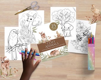 May include: A set of 25 printable coloring pages featuring cute animals, including a deer, a parrot, an elephant, a bee, and a rabbit. The pages are titled "Cozy Animals: Cute Coloring Pages for Everyone" and are available on Etsy.