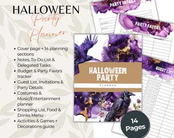Könnte beinhalten: Ein Halloween-Partyplaner mit einem Cover mit einem Raben und abstrakter Kunst in Lila und Gold. Der Planer umfasst 14 Seiten mit Abschnitten für Party-Details, Gästelisten und mehr. Der Text auf dem Planer lautet "Halloween Party Planner."