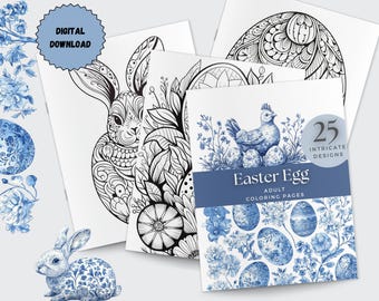 May include: A set of 25 adult coloring pages featuring intricate designs of Easter eggs, bunnies, and chickens. The pages are printed on high-quality paper and are perfect for relaxing and creative expression.