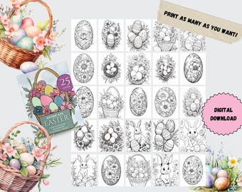 May include: A set of 25 intricate Easter coloring pages featuring a variety of designs, including eggs, baskets, bunnies, and flowers.  The text "Intricate Easter" and "25 pages" is visible on the cover of the coloring book.  "PRINT AS MANY AS YOU WANT!" and "DIGITAL DOWNLOAD" are also visible in the image.