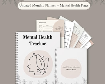 May include: A spiral-bound mental health tracker and undated monthly planner set with beige accents. The cover features a line-art profile of a head with a leaf, the text "Mental Health Tracker," and "Made With Love & Intention Ghaidaa Nasser."