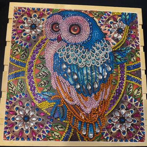 Diamant handgefertigte Wandkunst Malerei EULE mit einem Holzrahmen