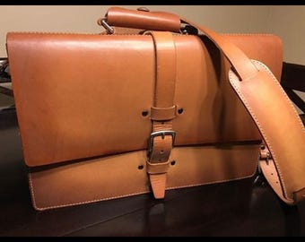Vintage Military Leather Briefcase Satchel: Handmade Brown Messenger Bag