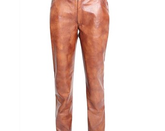Herren Braun Echtleder Hose: Vollkorn Biker-Stil