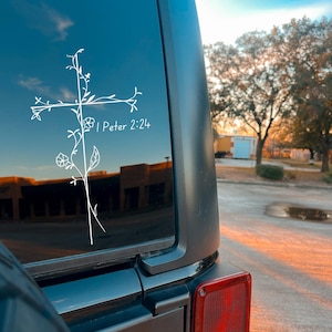 Vinyl Car Decal | Cute Floral Cross Window Sticker | Christian Gift For Her | Flower Mug/Mirror/Tumbler/Laptop | Interchangeable Bible Verse