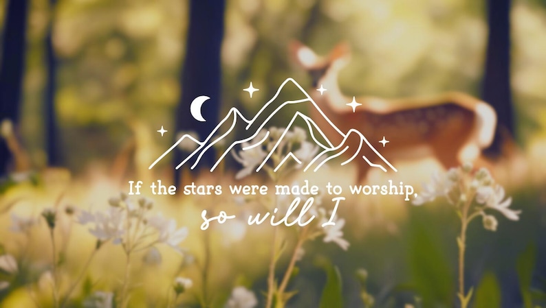 May include: A white line drawing of mountains, a crescent moon, and stars against a blurred background of a forest and a deer. The text "If the stars were made to worship, so will I" is written below the drawing.