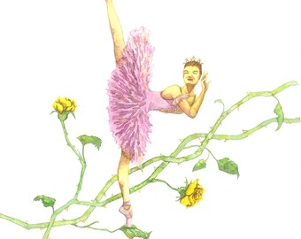Danseuse de ballet de la Belle au bois dormant, ballerine avec roses jaunes à l'aquarelle