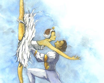 Le Lac des cygnes Odette et le Prince danseurs à l'aquarelle