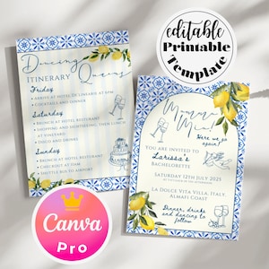 Pode incluir: Dois modelos imprimíveis com um design de azulejos azuis e brancos, limões e texto. Um é um itinerário de despedida de solteira, o outro um convite. O convite diz "Mamma Mia!" e inclui detalhes do evento. O logotipo Canva Pro é visível.