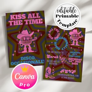 May include: Two invitation cards with a retro disco theme. The cards feature a pink disco ball cowboy graphic with the text "KISS ALL THE TIME" and "DISCO, OCCASIONALLY". One card is an invitation to a bachelorette weekend.