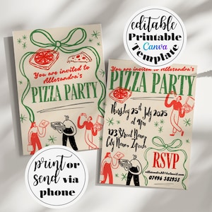 May include: Two vintage-style pizza party invitations with illustrations of pizza slices and people carrying pizza boxes. The invitations feature the text "You are invited to Allesandra's PIZZA PARTY" and "Print or send via phone."