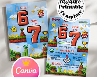6 7 meme birthday invitation template, brainrot meme invite six seven 67 brainrot party gaming invites 6th 7th birthday super mario invite