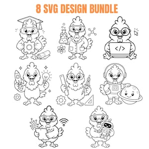 STEM Chicken SVG Bundle, Science, Math, Robot, Teacher Designs (8 Files)