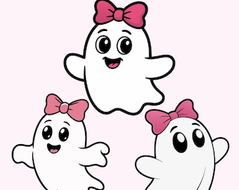 Pink Bow Ghost SVG Bundle, Cute Ghost SVG, Coquette Ghost SVG, Ghost with Bow Png, Kawaii Ghost Cut File, Girly Halloween Svg