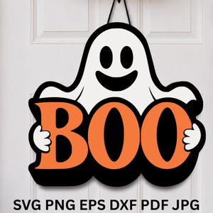 Archivo SVG para colgar en la puerta, archivo SVG para colgar en la puerta con diseño de fantasma, archivo SVG para letrero de "BOO", archivo SVG con diseño de fantasma en capas, letrero de Halloween para puerta, letrero de bienvenida con diseño de fantasma, archivo para corte láser.