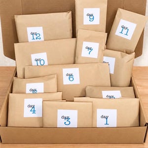Peut inclure: Une boîte en carton remplie de plusieurs paquets en papier kraft de tailles variées. Chaque paquet comporte une étiquette carrée blanche avec le mot day suivi d'un chiffre bleu, allant de un à douze, formant un calendrier de l'avent.