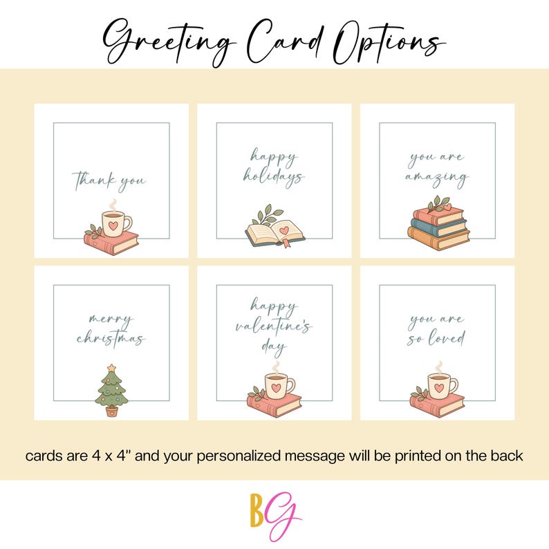 Puede incluir: Seis tarjetas de felicitaci&oacute;n cuadradas con el texto Greeting Card Options en la parte superior. Cada tarjeta presenta ilustraciones de libros, tazas o un &aacute;rbol de Navidad con frases como Thank you, Happy holidays, You are amazing y Merry Christmas.