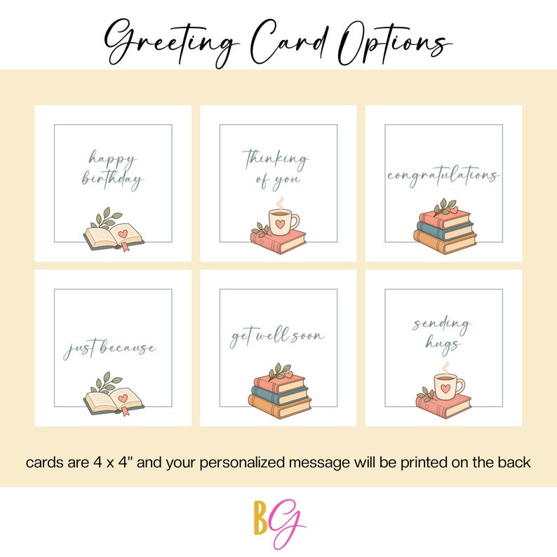 Puede incluir: Seis tarjetas de felicitaci&oacute;n cuadradas con el texto Greeting Card Options en la parte superior. Cada tarjeta presenta ilustraciones de libros, tazas y hojas con frases como happy birthday, thinking of you, congratulations, just because, get well soon y sending hugs. Las tarjetas miden 10 x 10 cm.