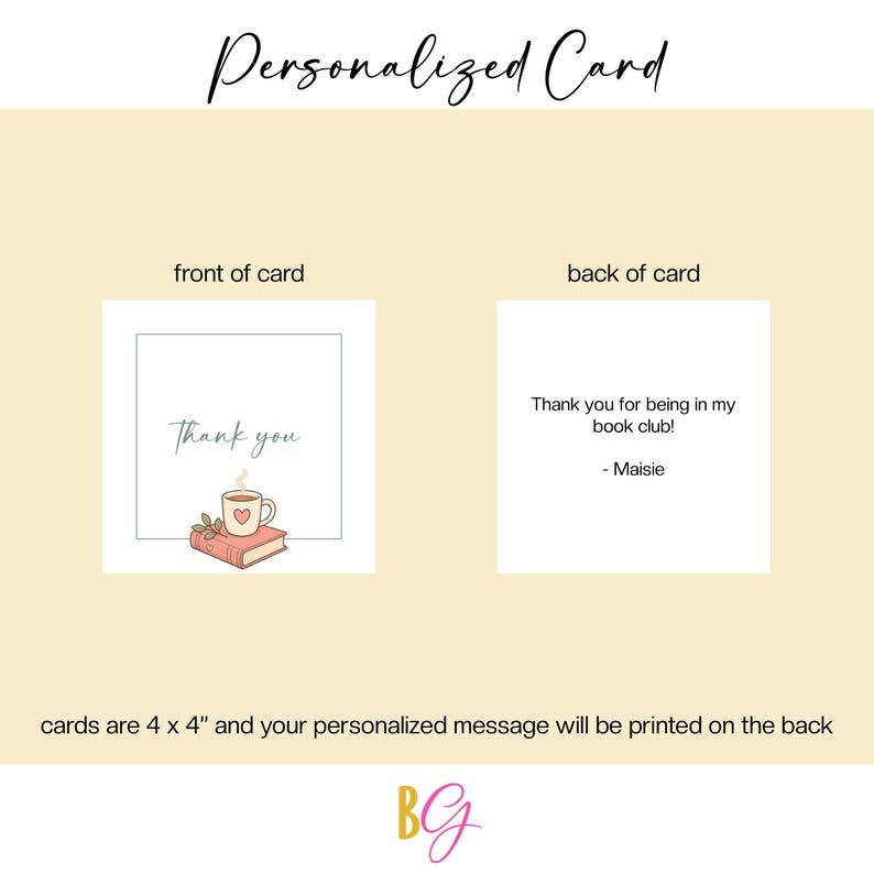 Puede incluir: Una tarjeta cuadrada personalizada que mide 10,16 por 10,16 cm. El frente presenta un borde negro fino, el texto Thank you y una ilustraci&oacute;n de una taza de caf&eacute; sobre un libro. El reverso muestra el texto Thank you for being in my book club! - Maisie.